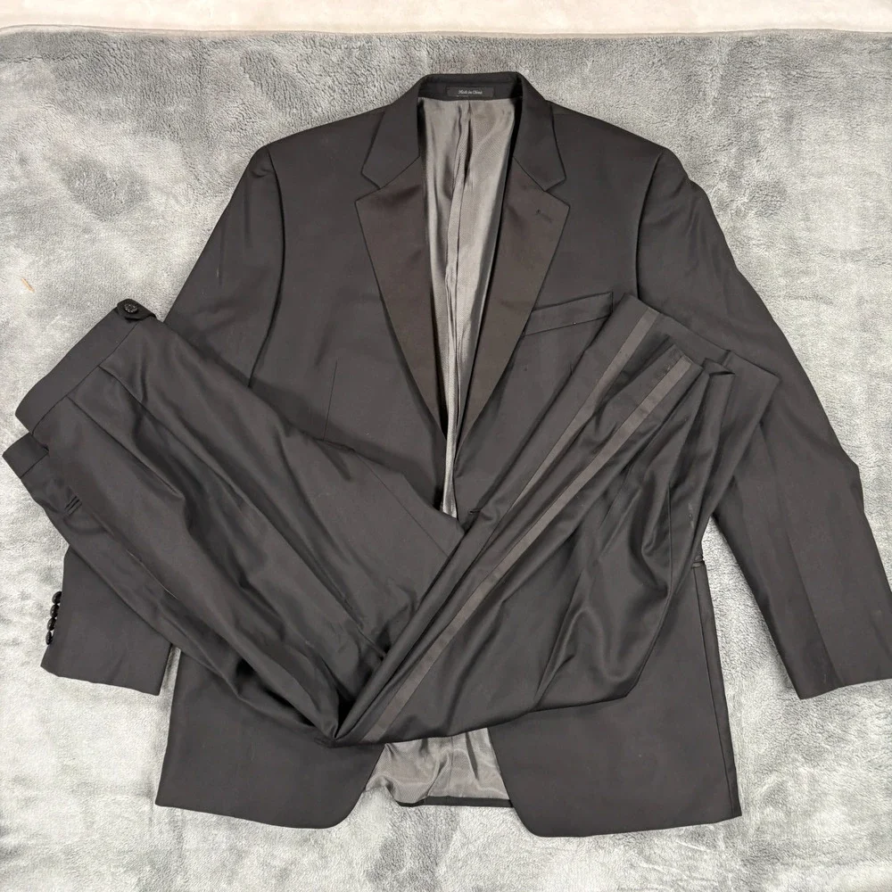 Calvin Klein Mens Tuxedo 43L Black 100% Wool Jacket Pants Two Piece Formal As-Is